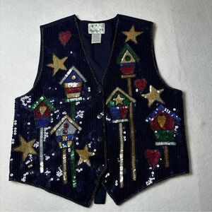The Quacker factory Lady Womens Navy Blue Birdhouse Sequin Vest Size S
